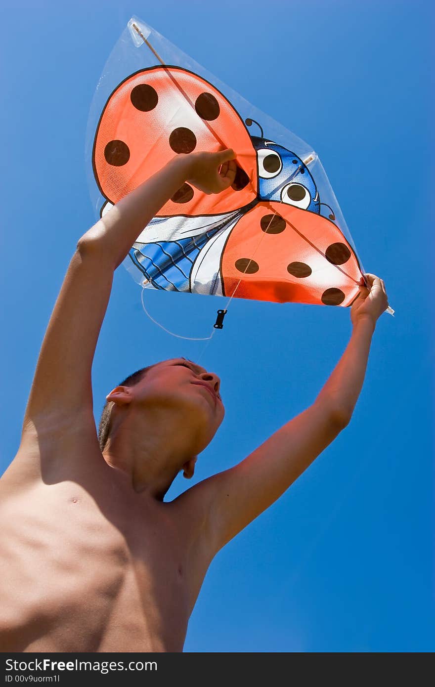 Vacation, portrait of summer boy with kite. Vacation, portrait of summer boy with kite