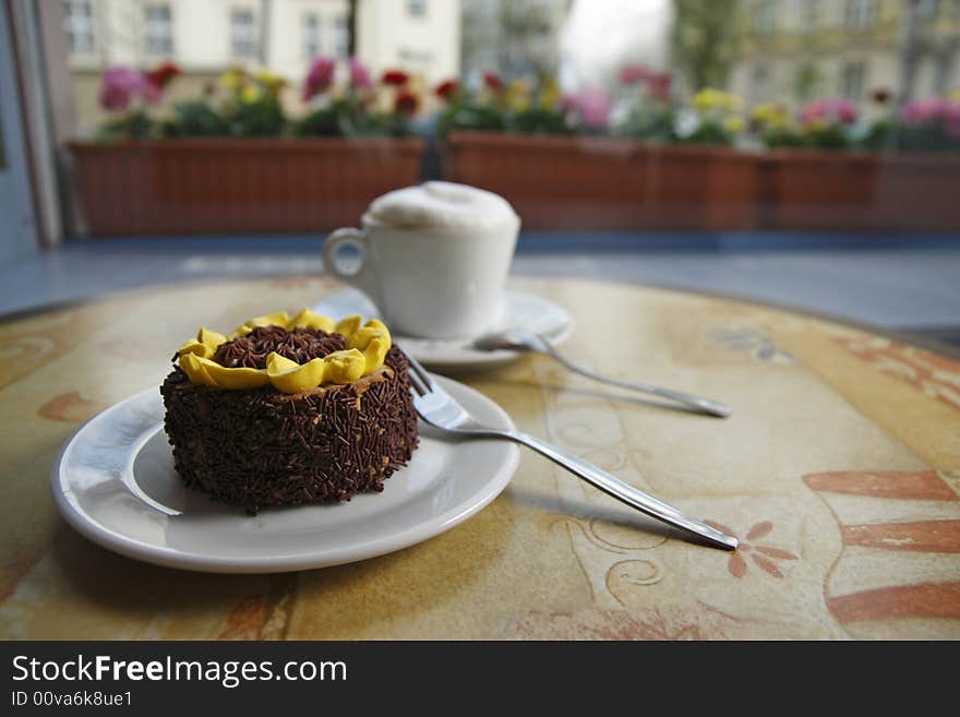 Cake and cappuccino