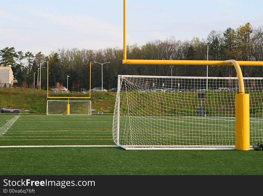 Soccer or football field with net and goal posts. Soccer or football field with net and goal posts