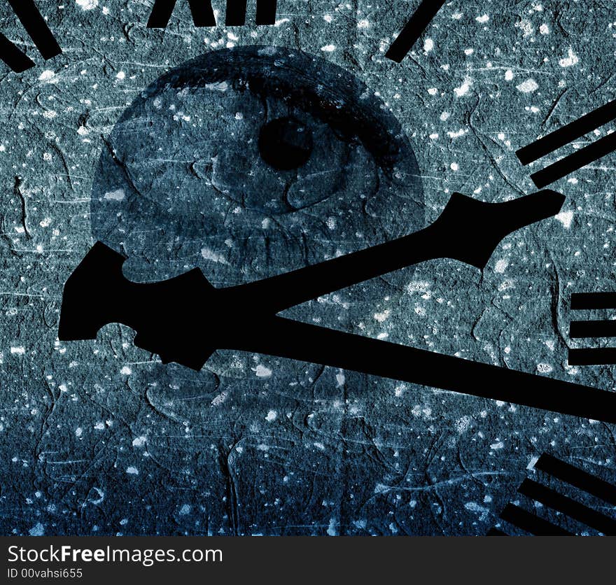 Clockface overlaid onto composite eye with grunge effect. Clockface overlaid onto composite eye with grunge effect