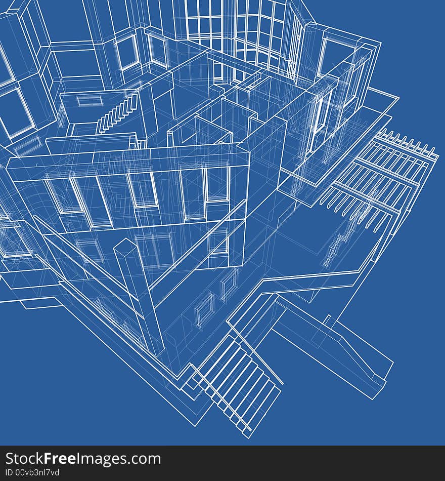 House: 3d technical draw (blue background). House: 3d technical draw (blue background)