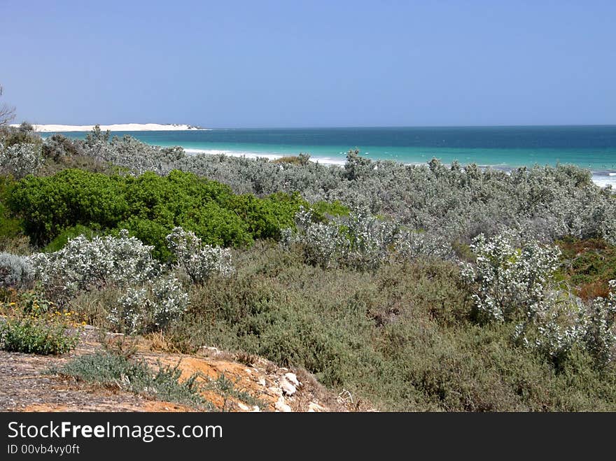 Wide angle shot of idyllic sandy beach with clear blue sky. Australia