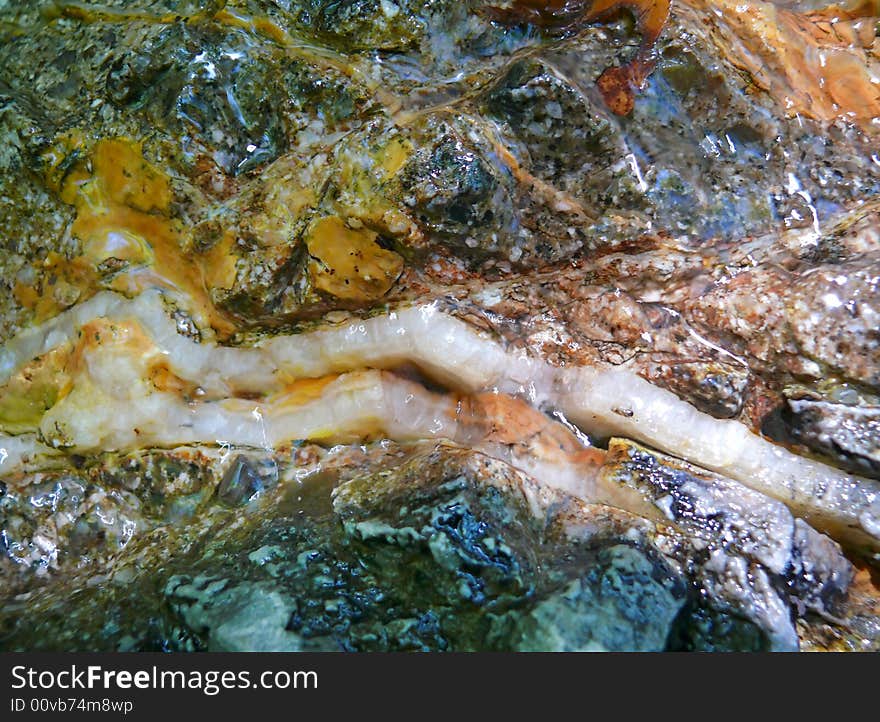 A close-up of the mineral water effluenting from apertures on rock in forest. Summer. Russian Far East, Primorye. A close-up of the mineral water effluenting from apertures on rock in forest. Summer. Russian Far East, Primorye.