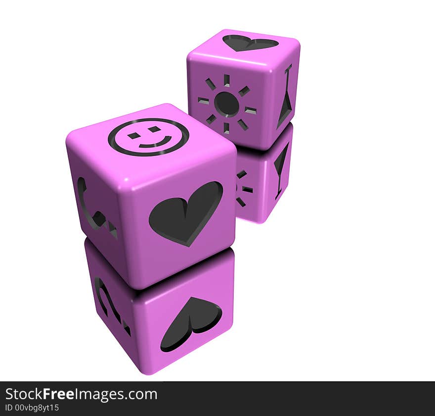 Pink dice with woman interests icons lie on the mirror