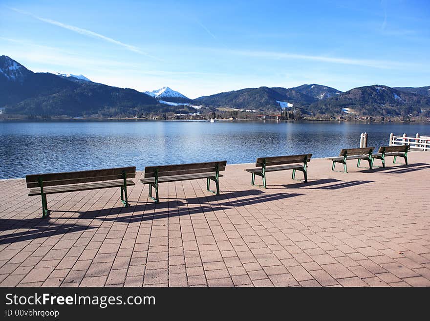 Empty benches at lake Tegernsee