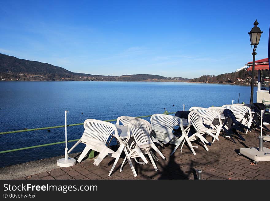 Empty restaurant at lake