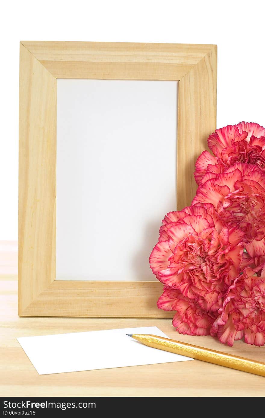 Empty photo frame and fragrance red color carnation