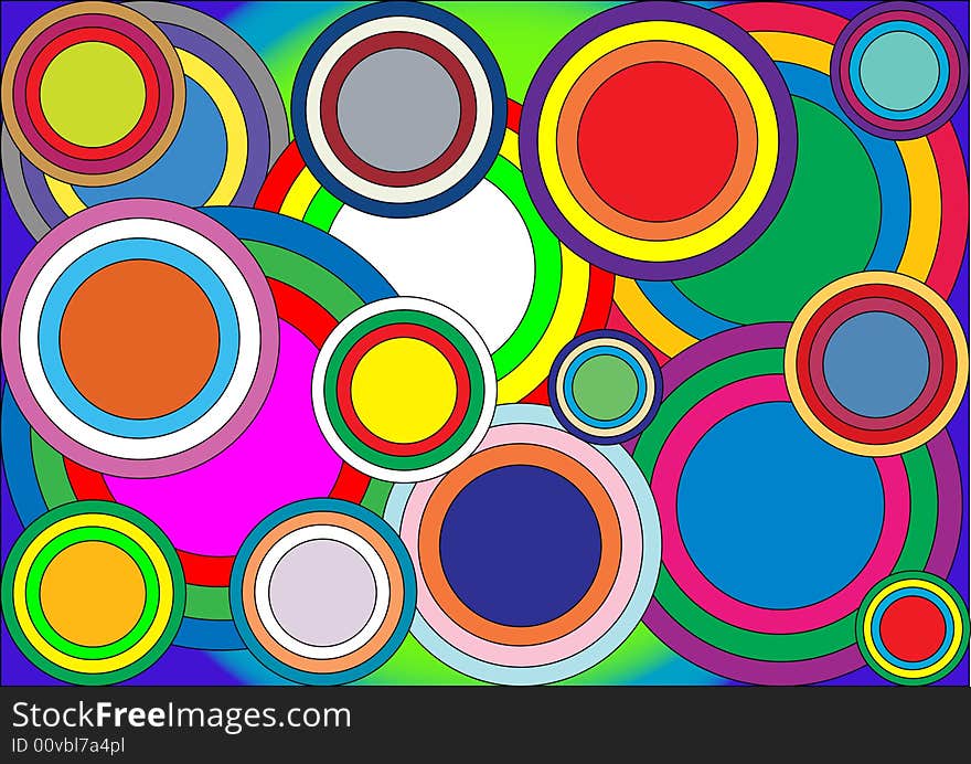 Seventeen circles of different colors on colored background