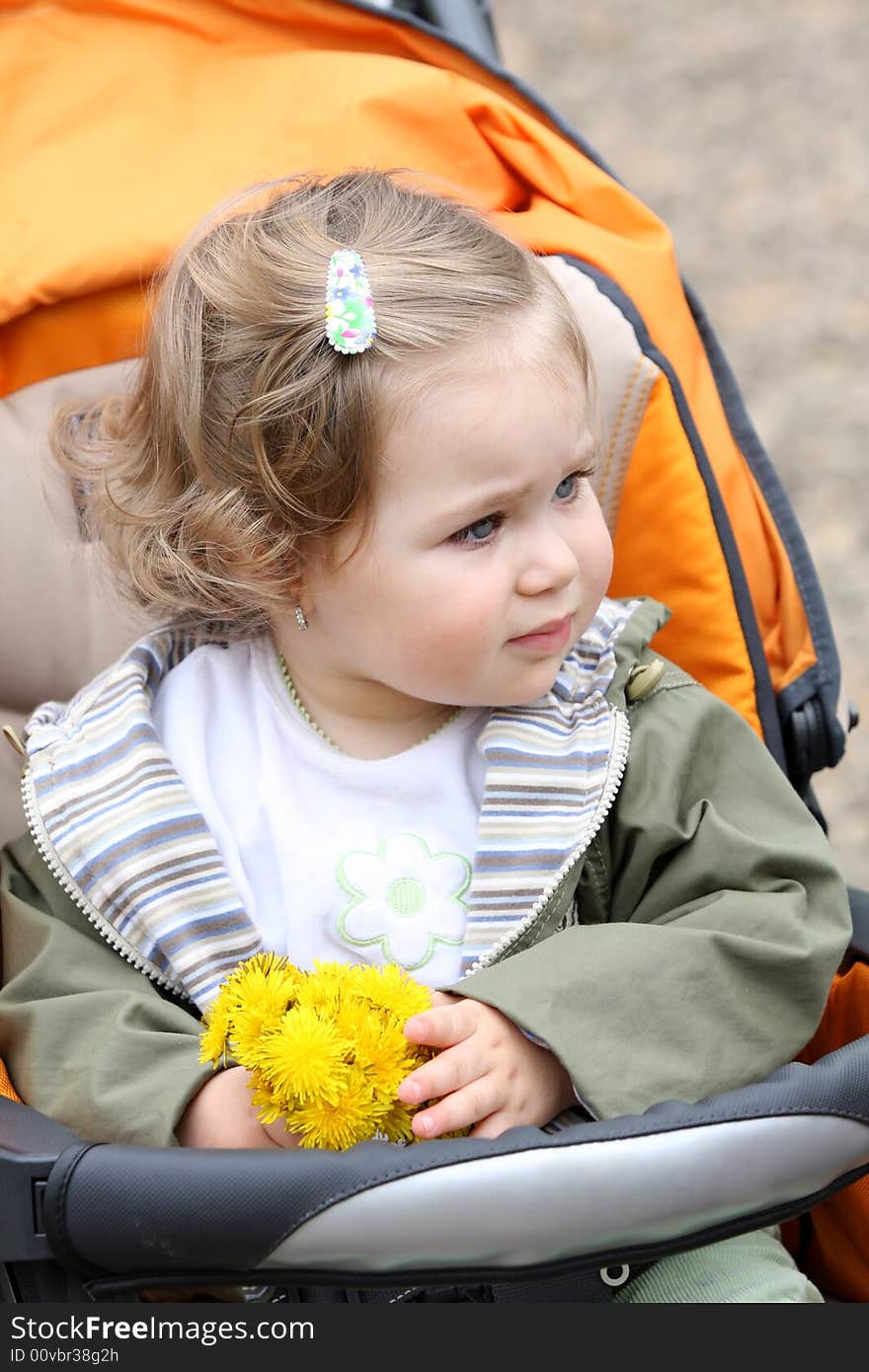 Beautiful pretty girl with flower in a pram