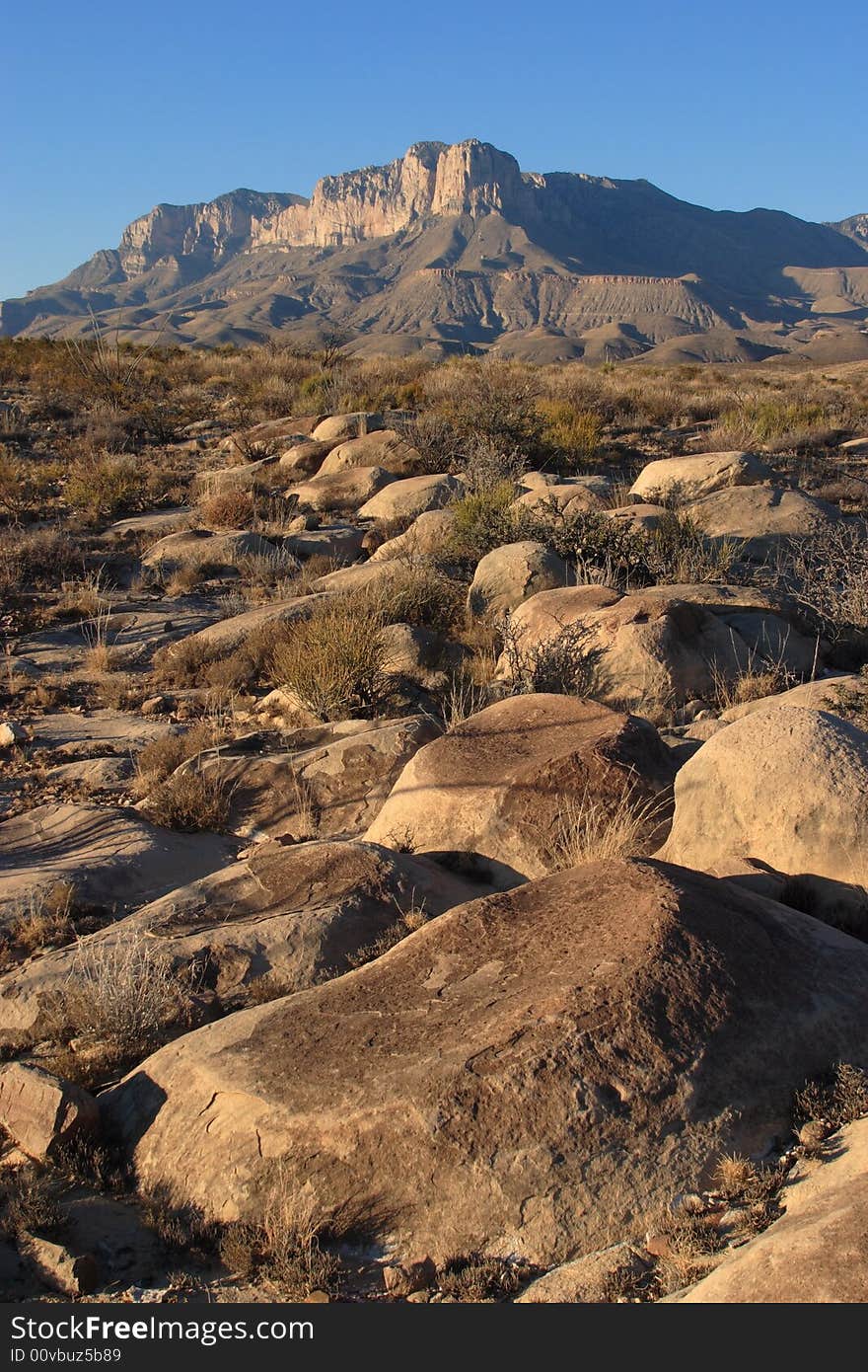 Boulders in the foreground of El Capitan at sunset - Guadalupe Mountains National Park. Boulders in the foreground of El Capitan at sunset - Guadalupe Mountains National Park