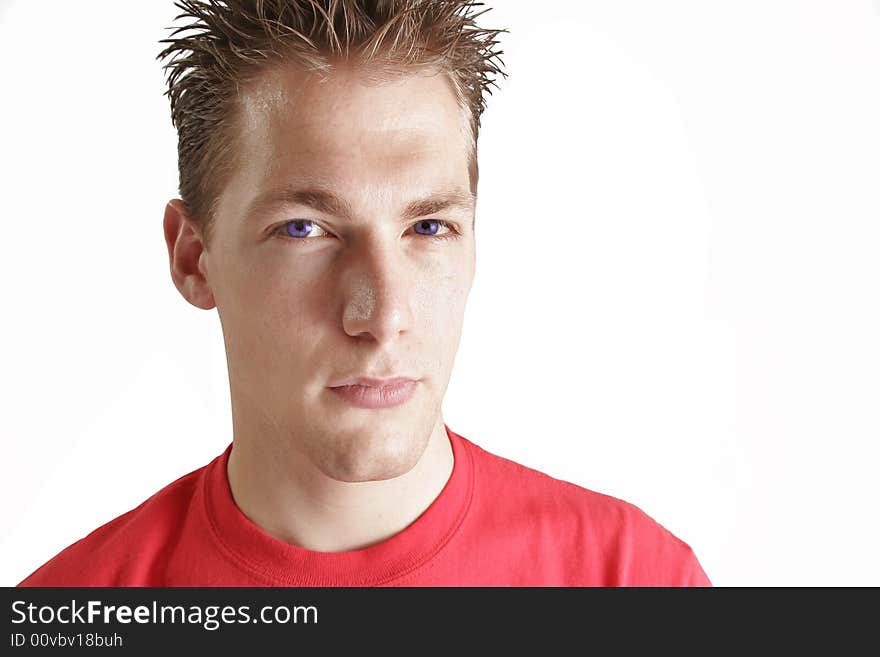 Young man with spiked hair wearing red shirt