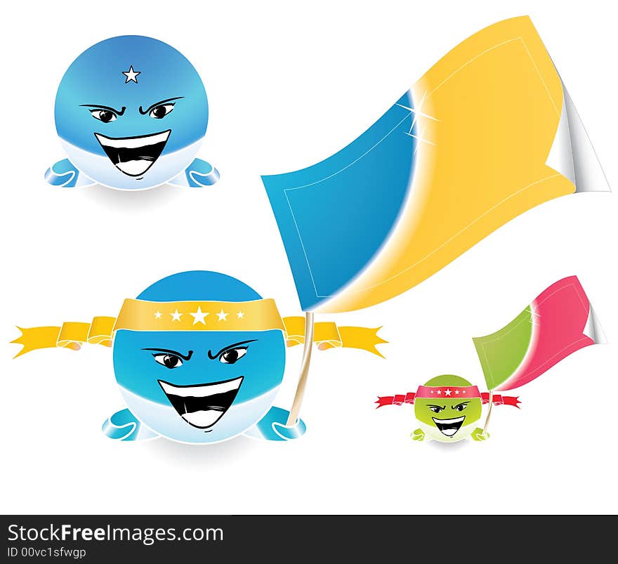 Vector illustration of an anime style happy emoticon face with a joyful expression and a retail tag/flag in the hand. Highly customizable. In different colors. Vector illustration of an anime style happy emoticon face with a joyful expression and a retail tag/flag in the hand. Highly customizable. In different colors.