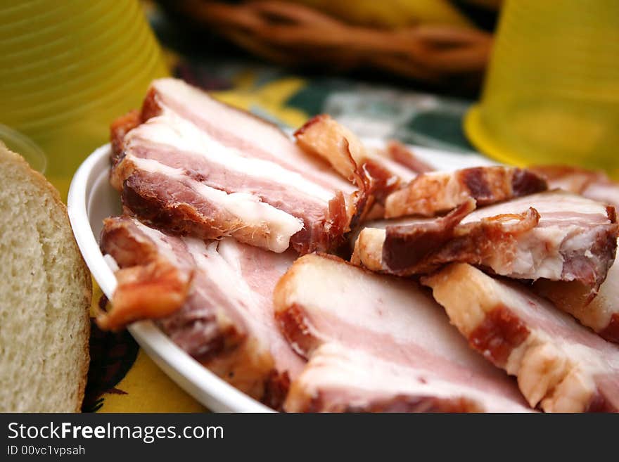 Table with a nutritious food, meat, bread, fat. Table with a nutritious food, meat, bread, fat.