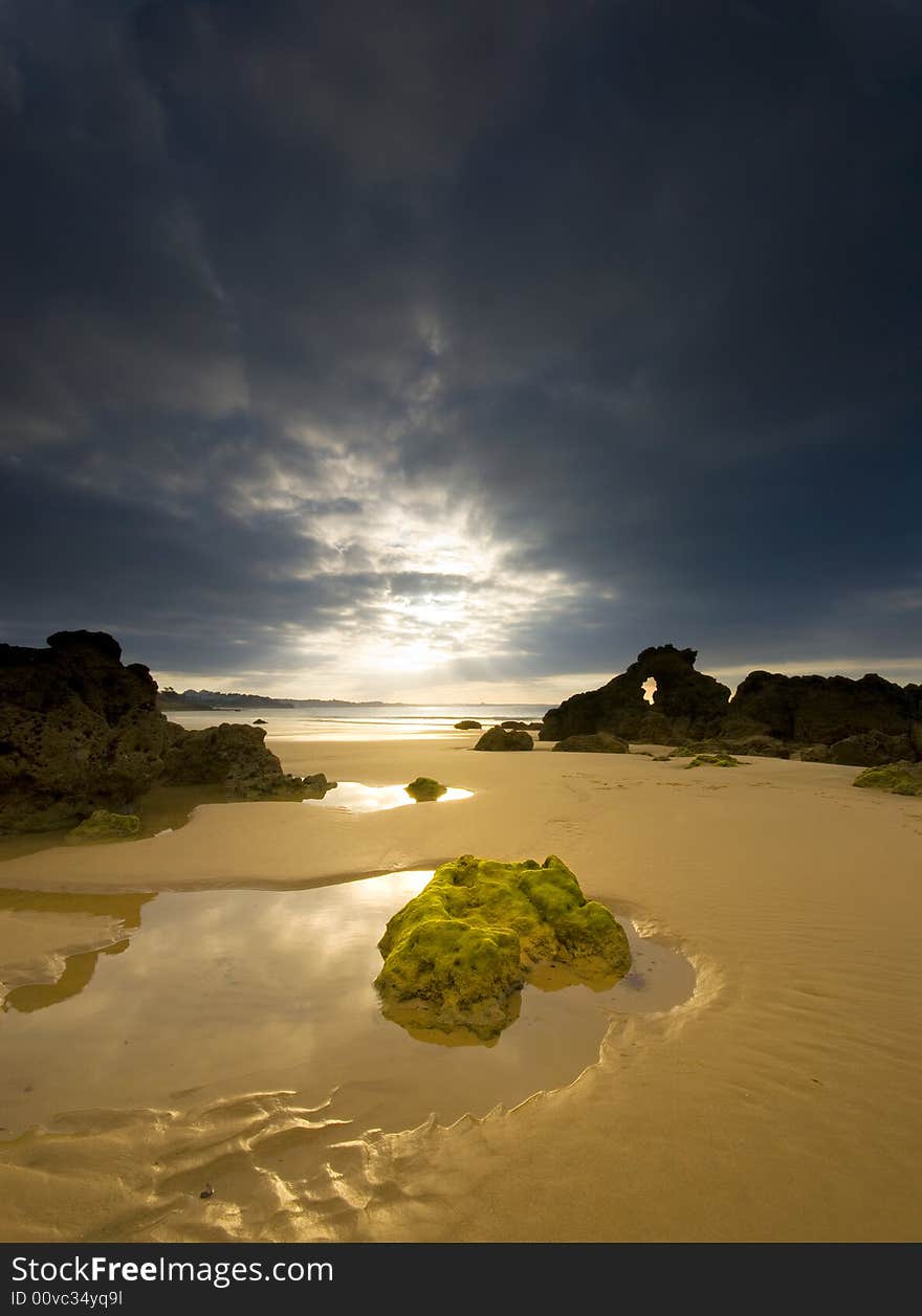 The sunrise at the beach in southern portugal. The sunrise at the beach in southern portugal