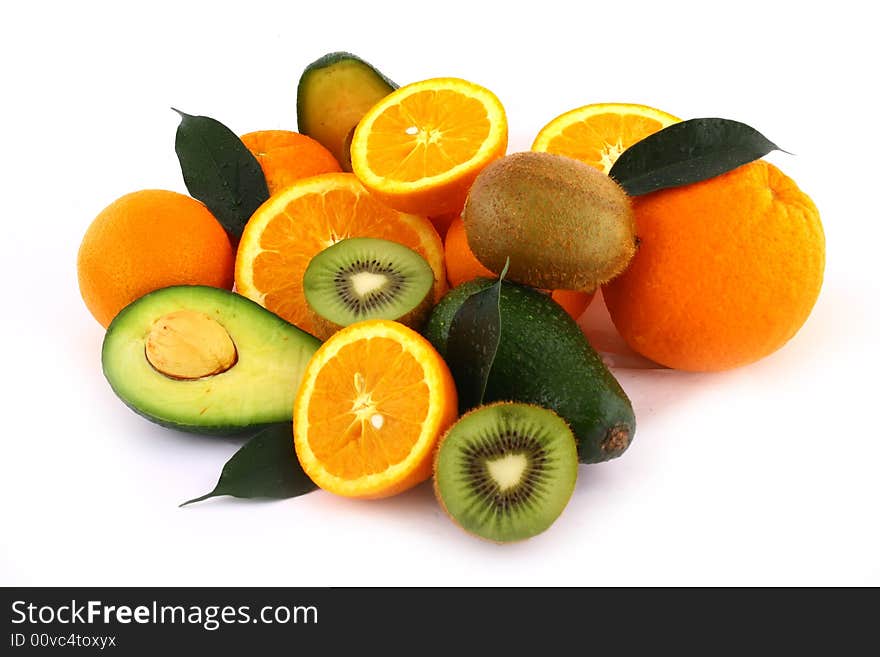 Fresh avocados with other fruits  isolated on white background