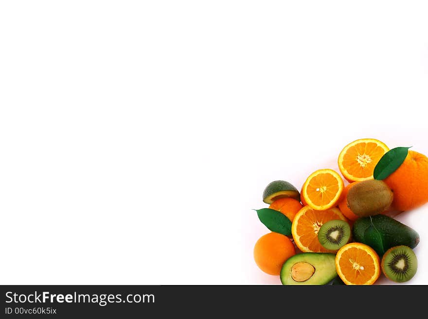 Fresh avocados with other fruits  isolated on white background