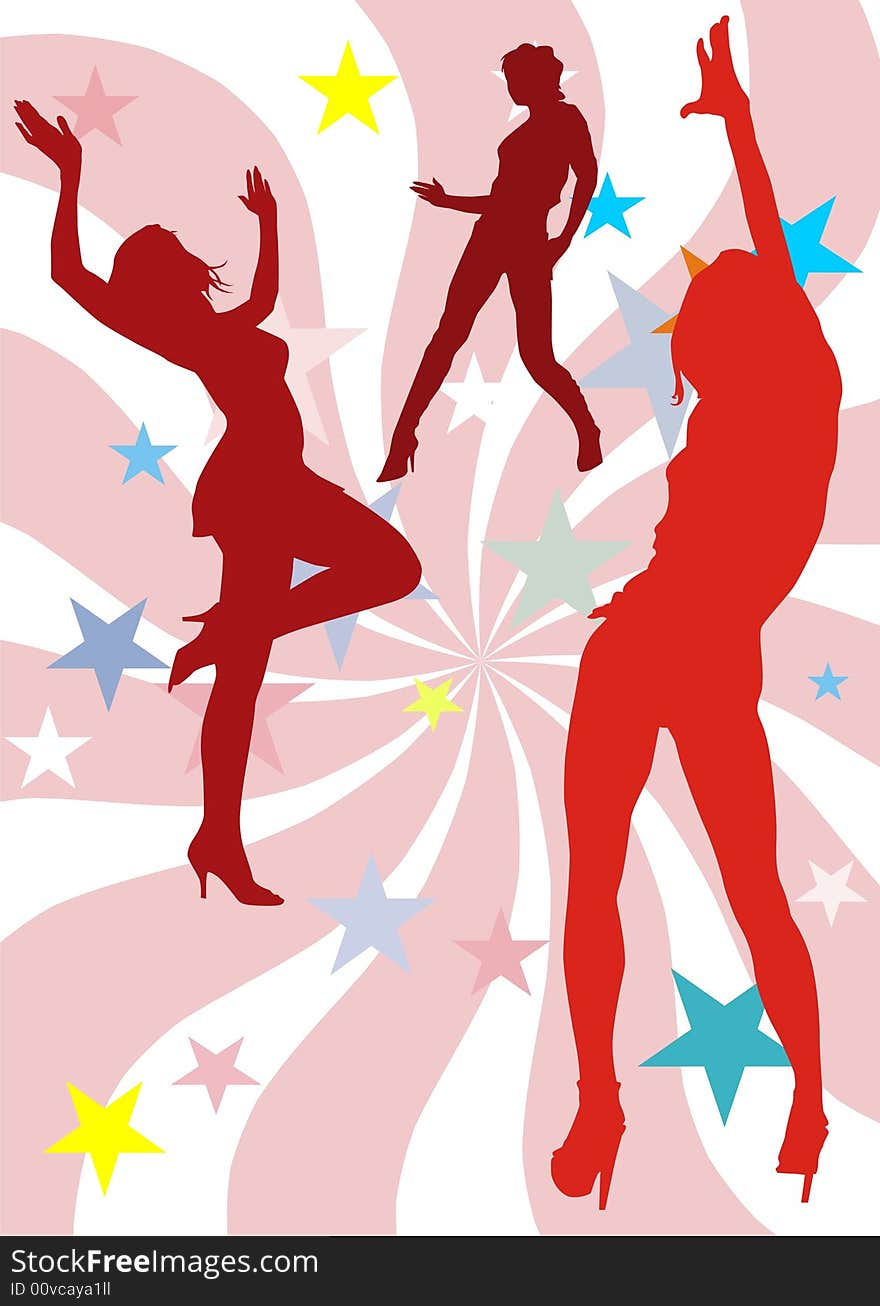 Silhouettes of dancing girls on a pink background