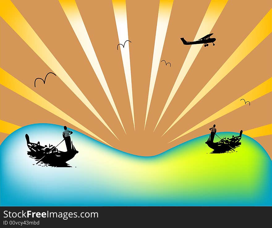 Abstract image with sailors in boats, seagulls flying, and flying plane. Abstract image with sailors in boats, seagulls flying, and flying plane