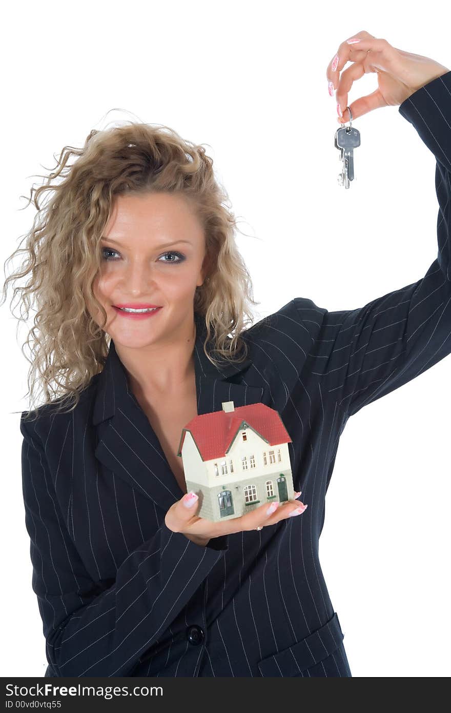 Business woman advertises real estate on white background