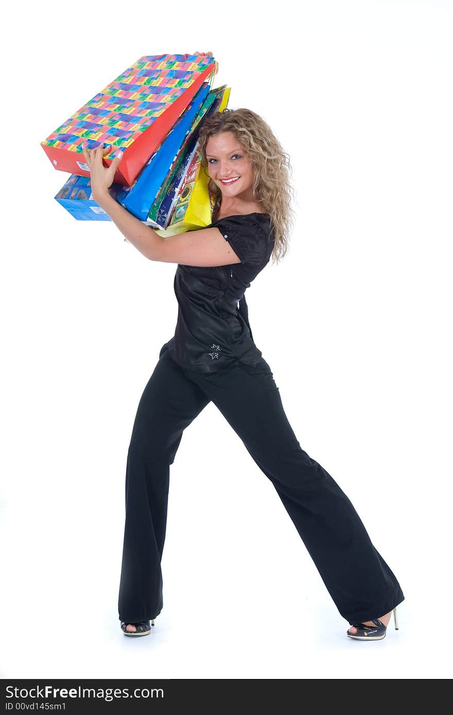 Expressive woman  on white background  shopping. Expressive woman  on white background  shopping