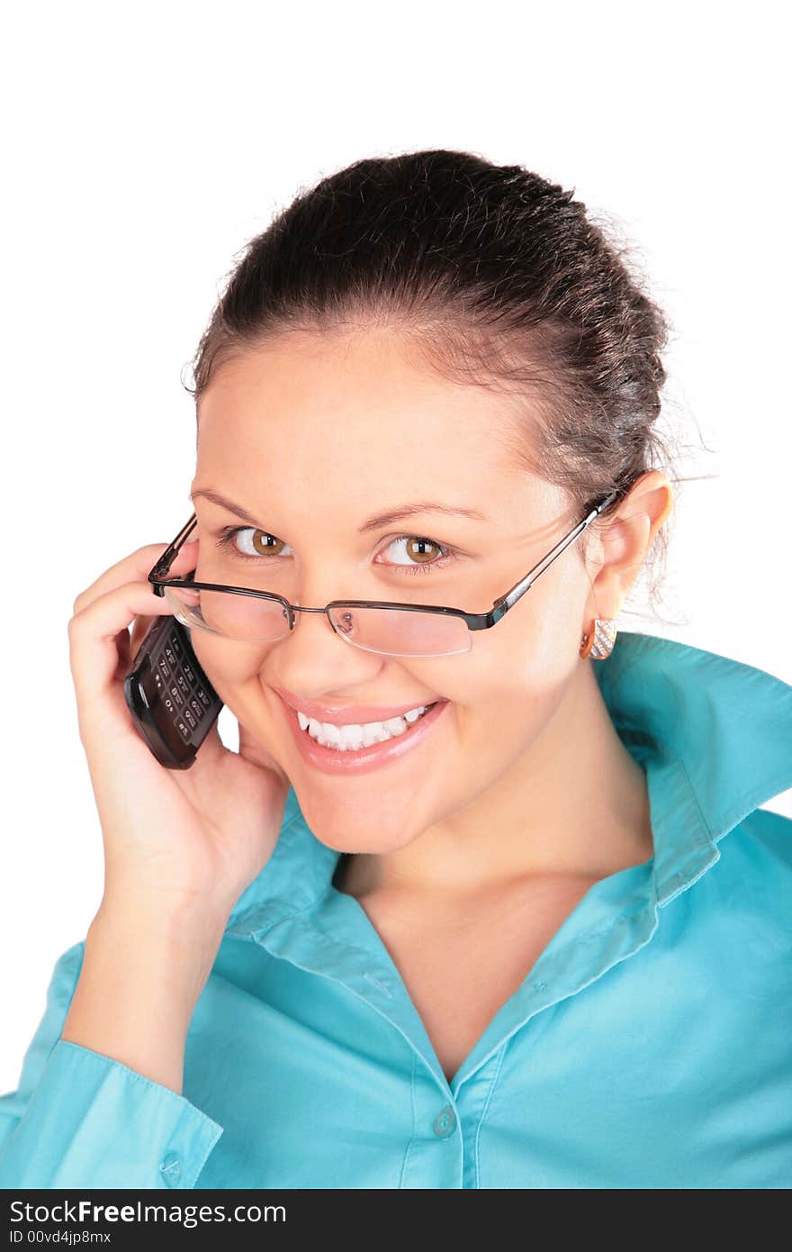 Young girl in glasses talks by phone