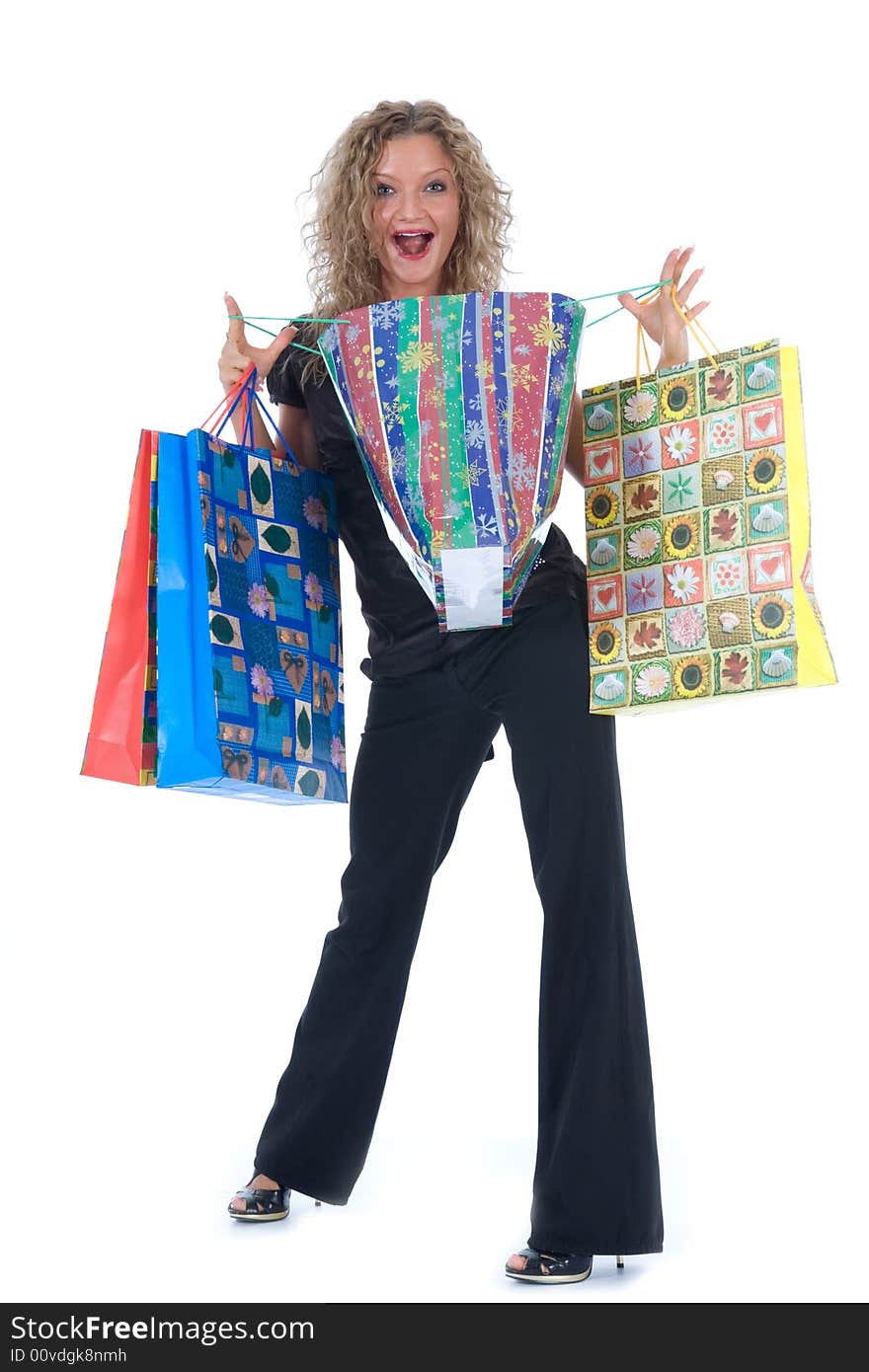 Expressive woman on white background shopping. Expressive woman on white background shopping