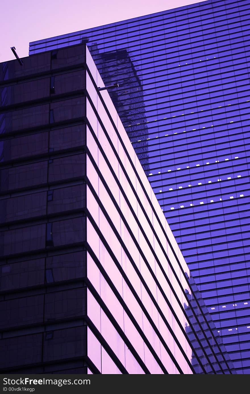 Office Skyscraper, window, reflexion, red blue sky, conceptual