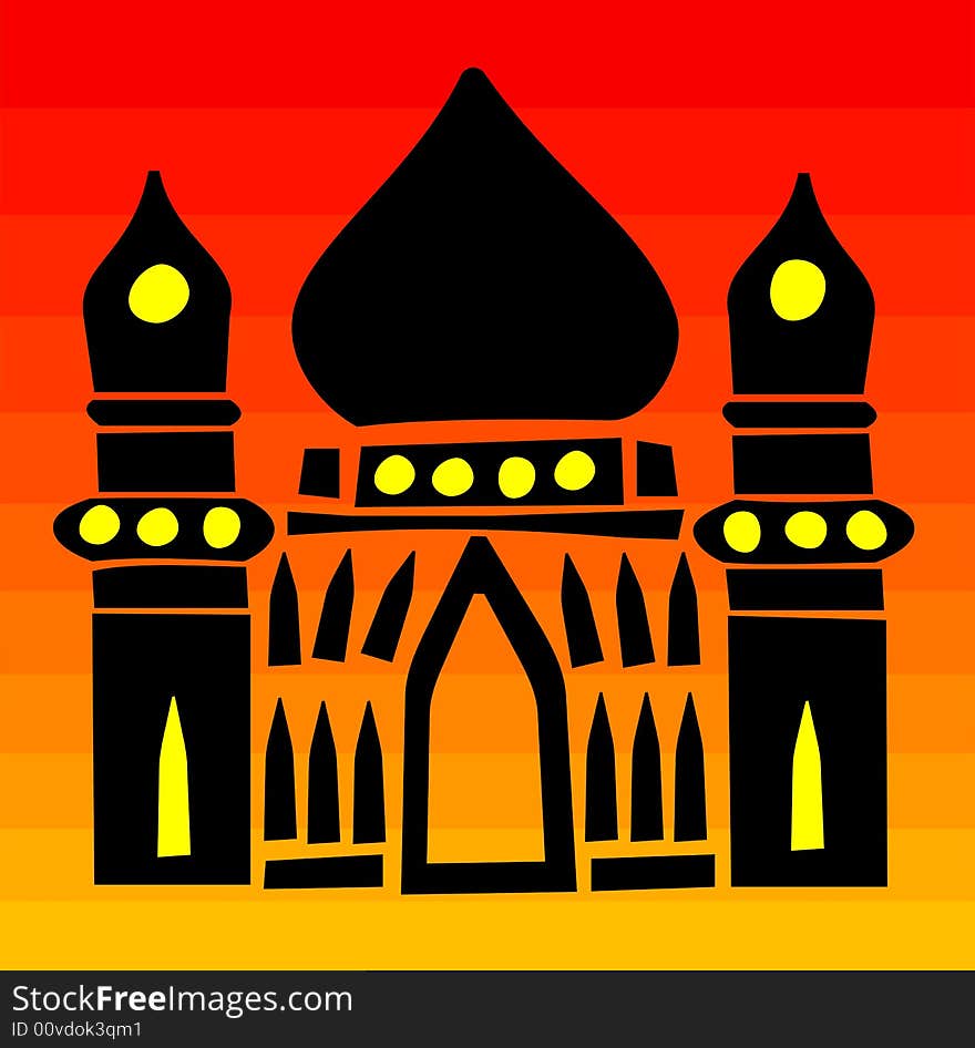 Silhouette of a place of worship against a bright sunset style background. Silhouette of a place of worship against a bright sunset style background