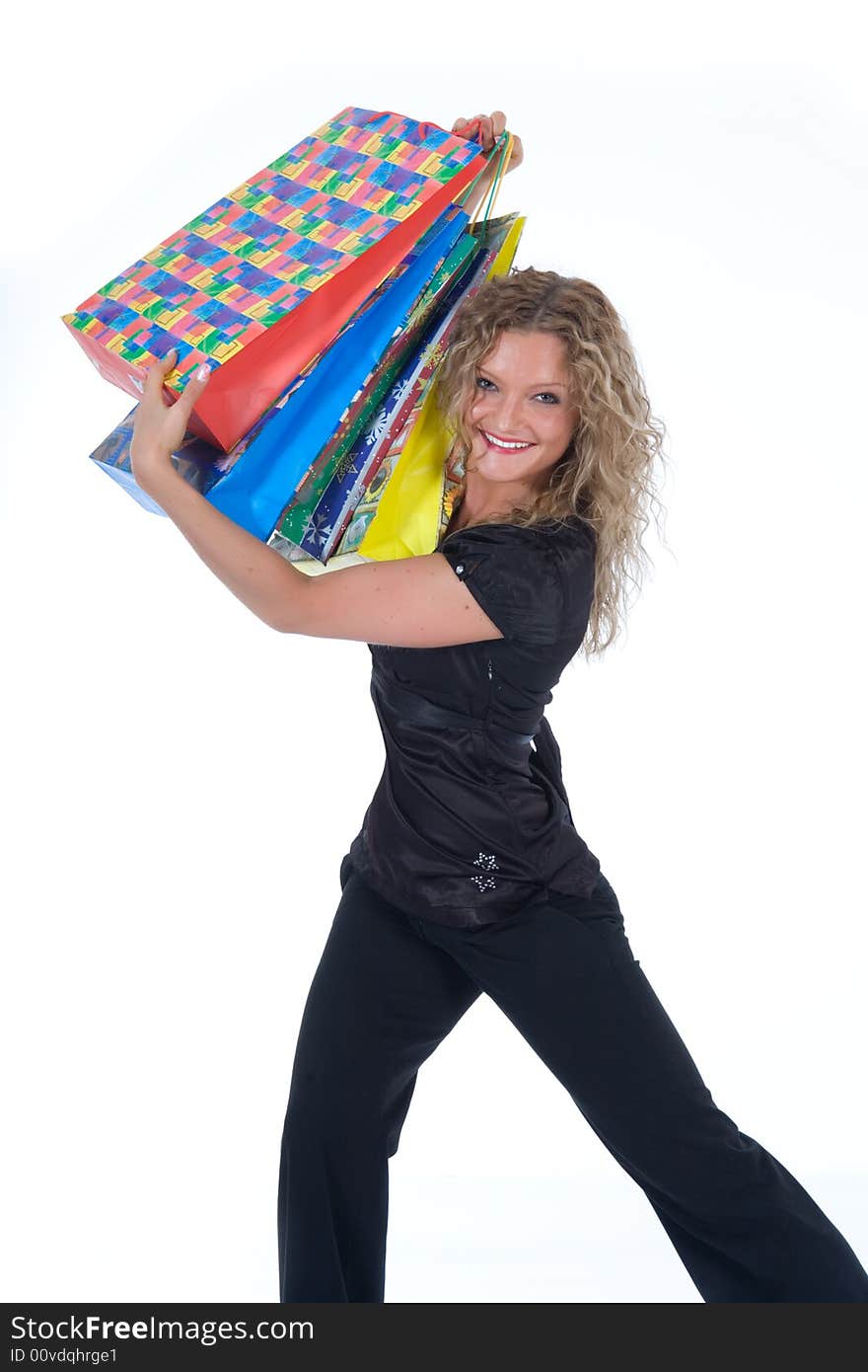 Expressive woman  on white background  shopping. Expressive woman  on white background  shopping