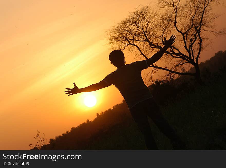 Men facing sun set tree background