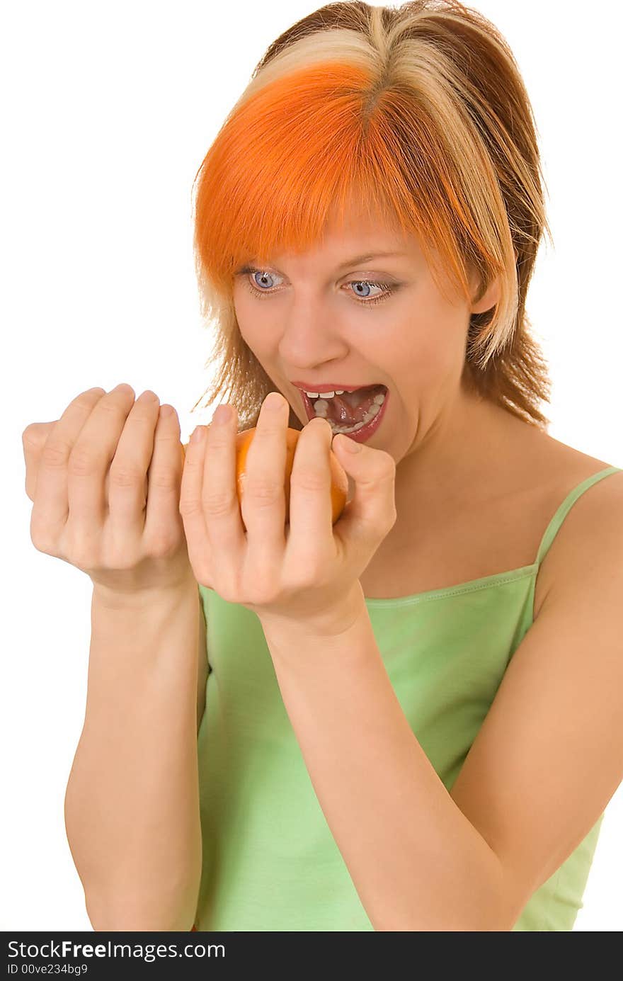 Girl with oranges want to eat it. Girl with oranges want to eat it