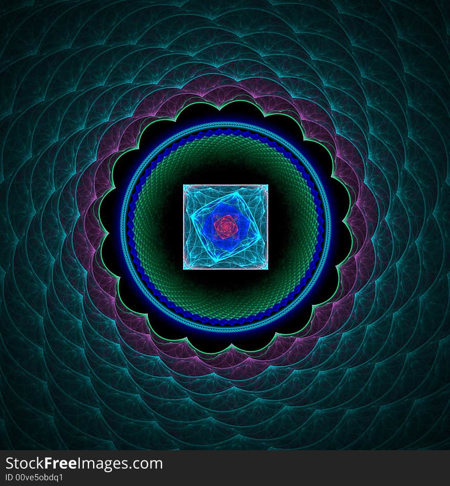 Abstract fractal image resembling a box embedded in a quilt. Abstract fractal image resembling a box embedded in a quilt