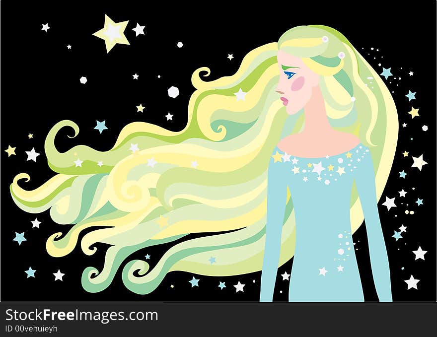 Girl-spring with long green hair