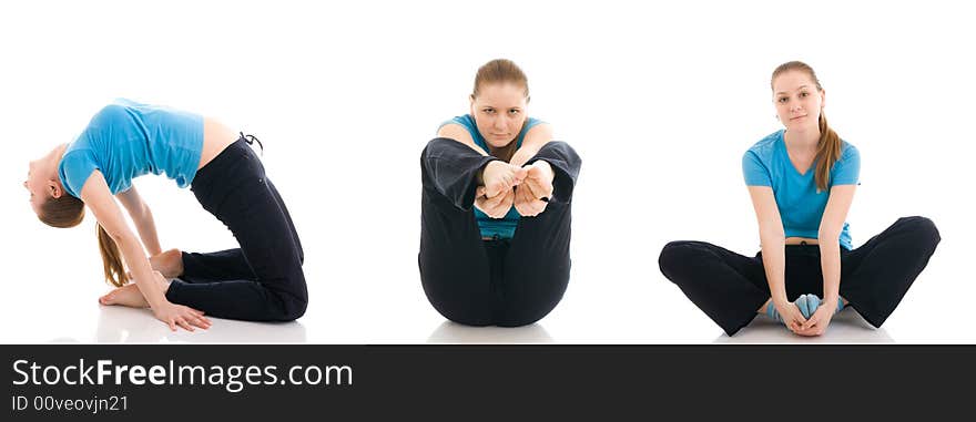 The three young woman doing exercise isolated on a white background