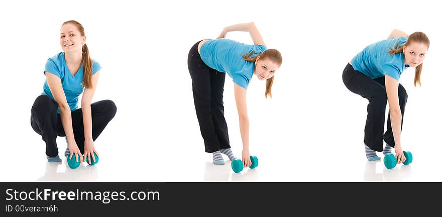 The three young woman doing exercise isolated on a white background