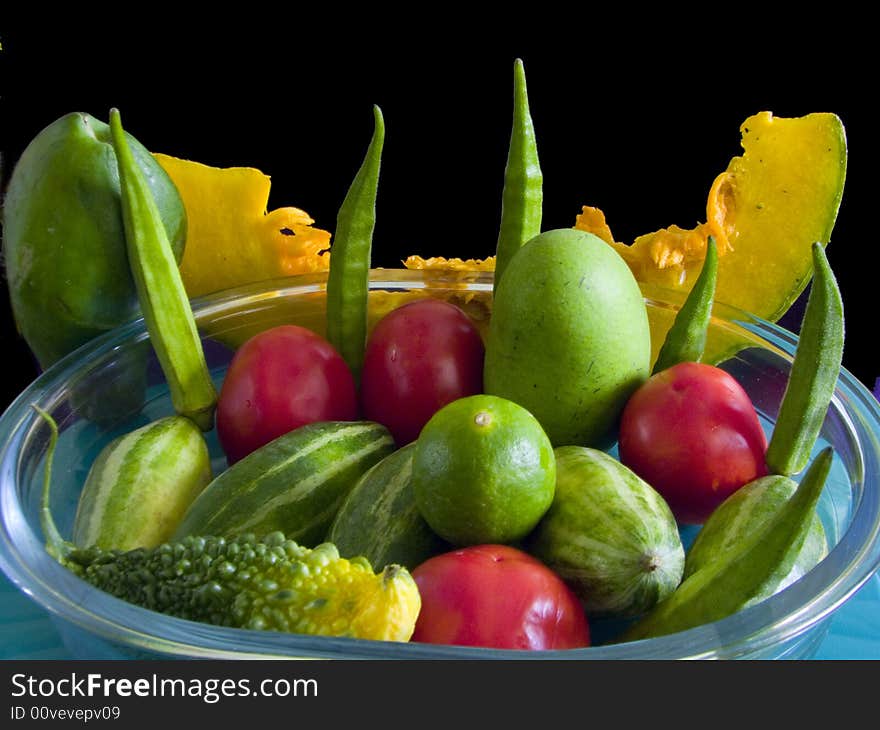 Vegetables in a glass bowl.