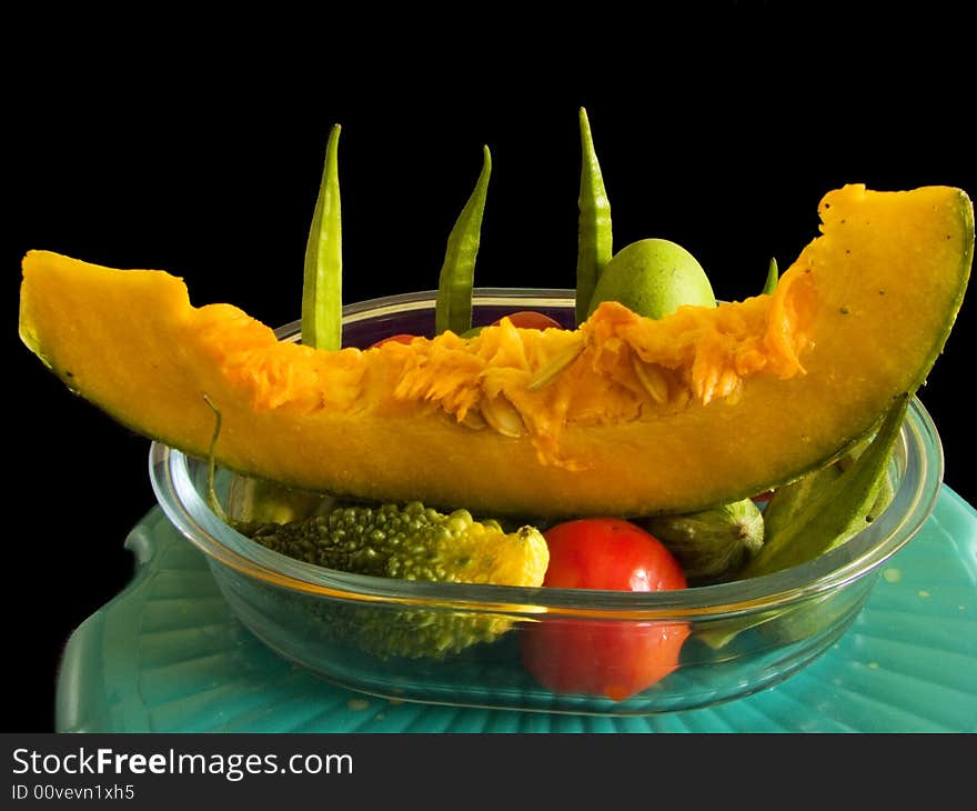 Vegetables in a glass bowl.