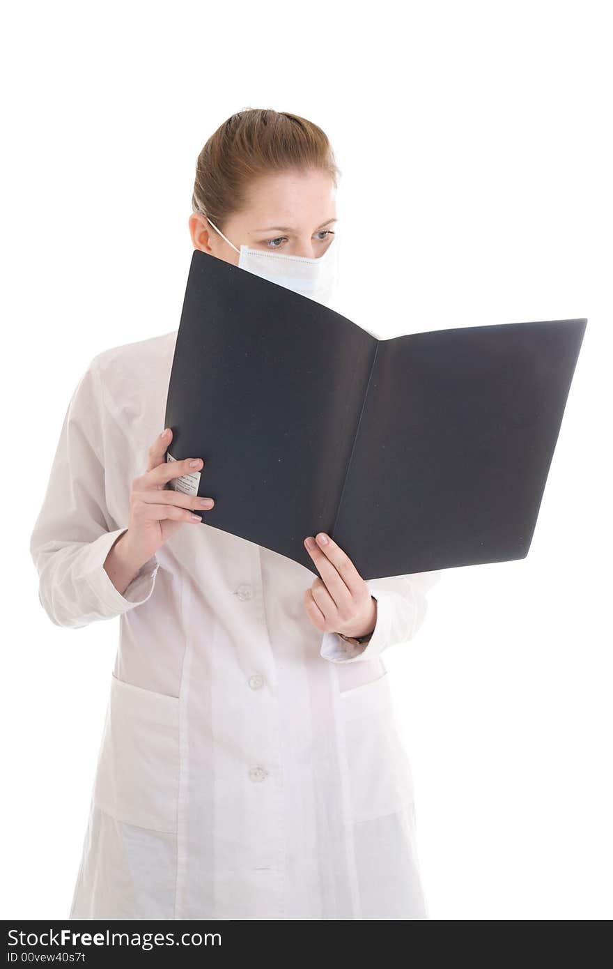 The young attractive nurse with a folder isolated