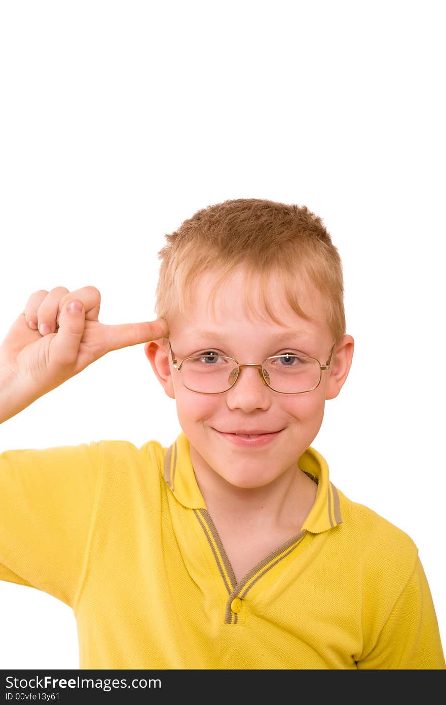 Boy twist by finger near temple. He show you are stupid sign over white background.