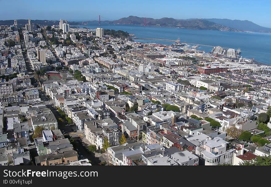 Panoramic view looking out over north San Francisco, towards Marin.