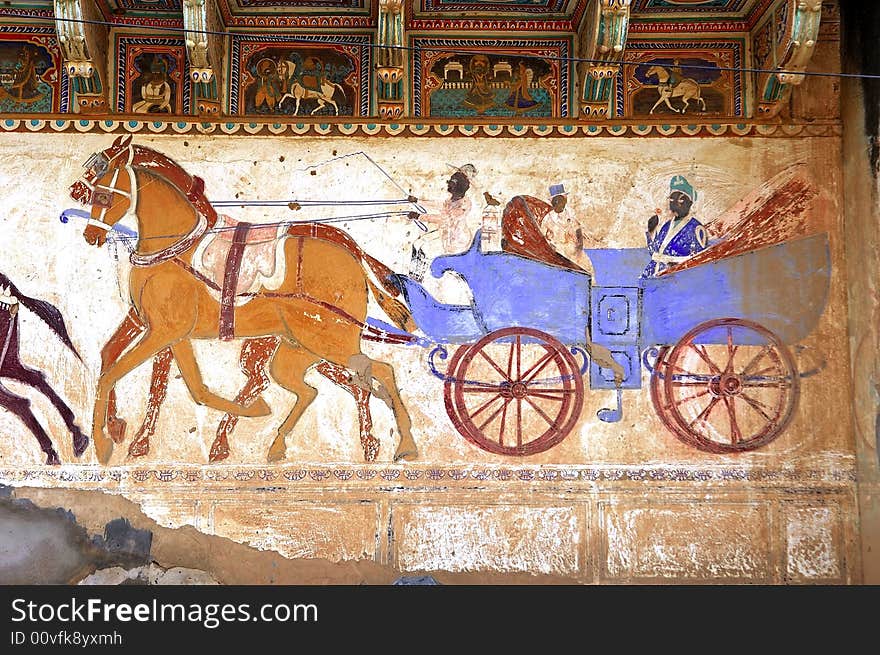 India, Mandawa: colourful frescoes  on the walls of the ancient houses.