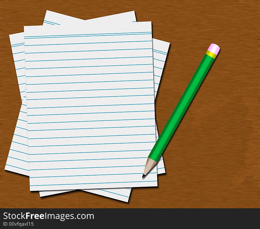 Desktop with blank paper and green pencil. Desktop with blank paper and green pencil