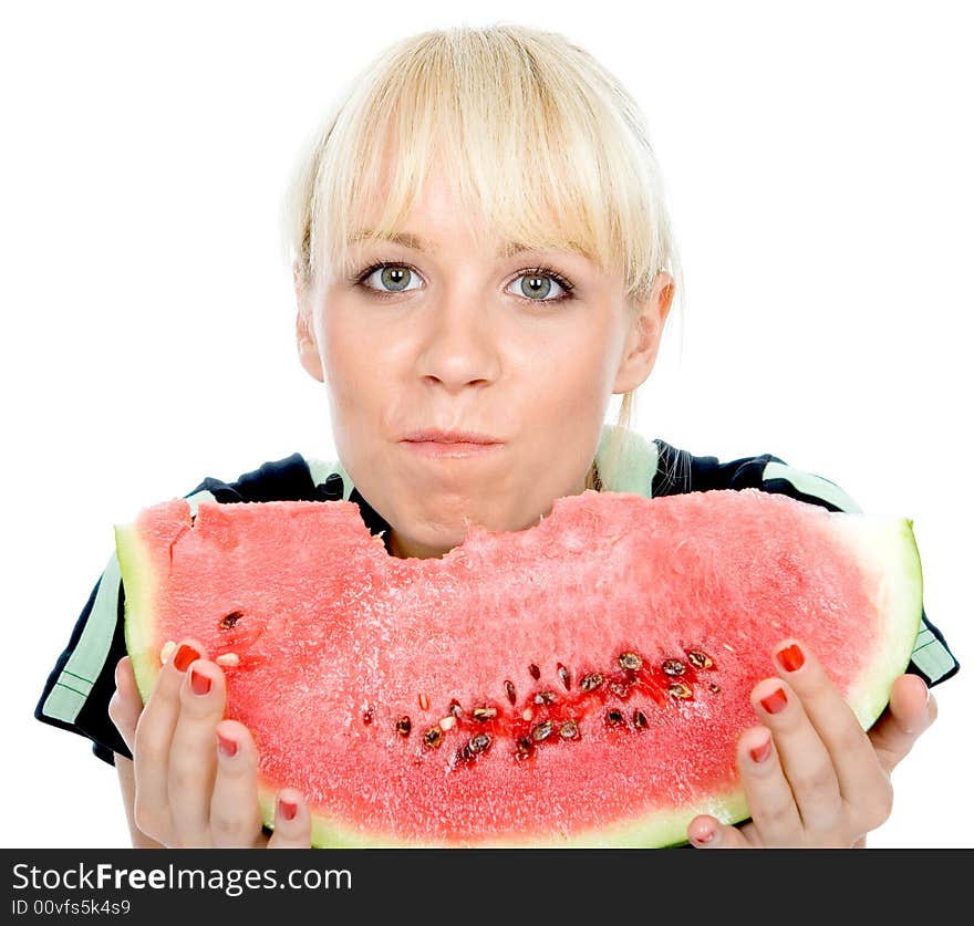 Beautiful green-eyes blondy eating sweet water-melon. Beautiful green-eyes blondy eating sweet water-melon