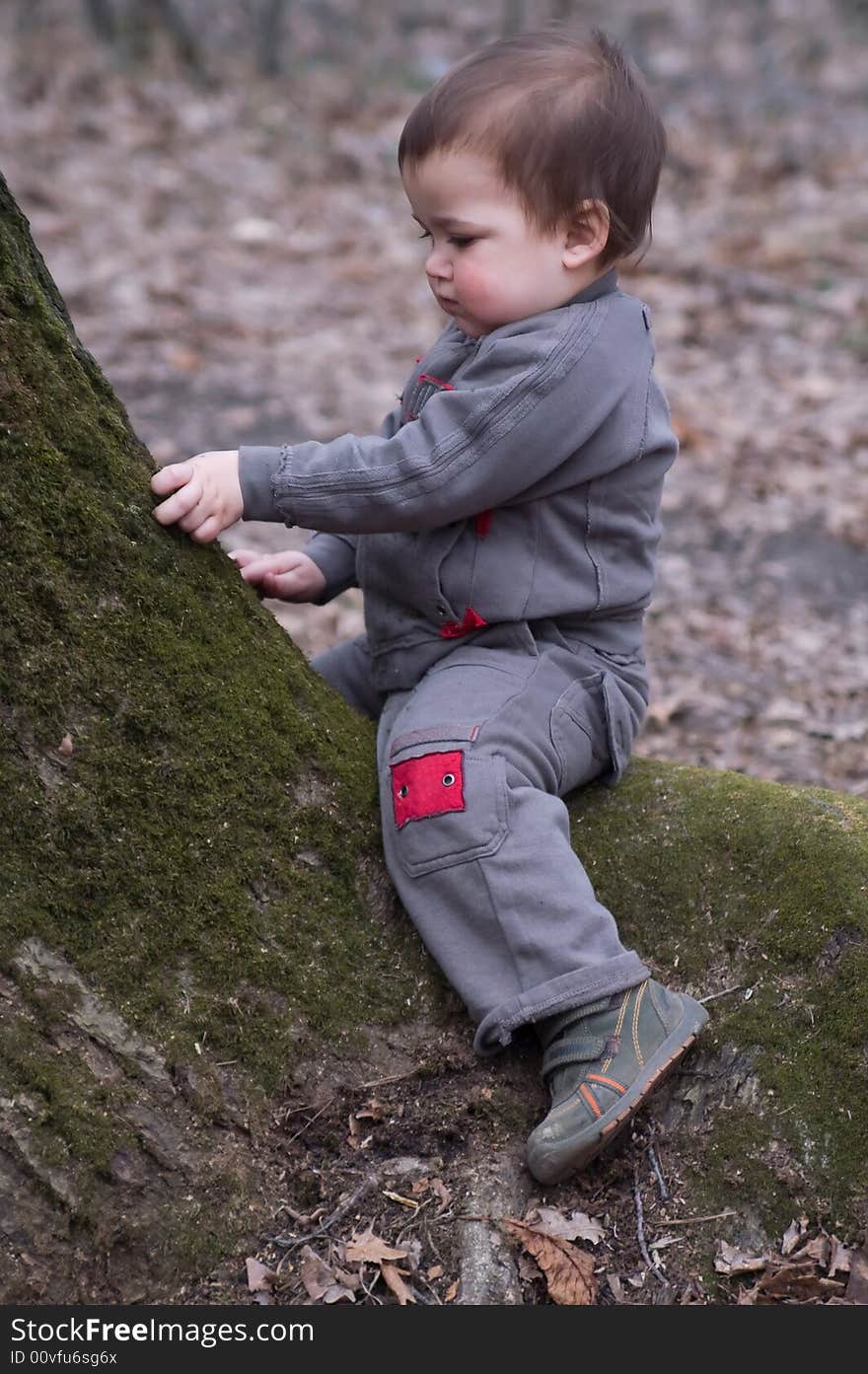 Thoughtful child in brown dress sitting on green moss tree at autumn day