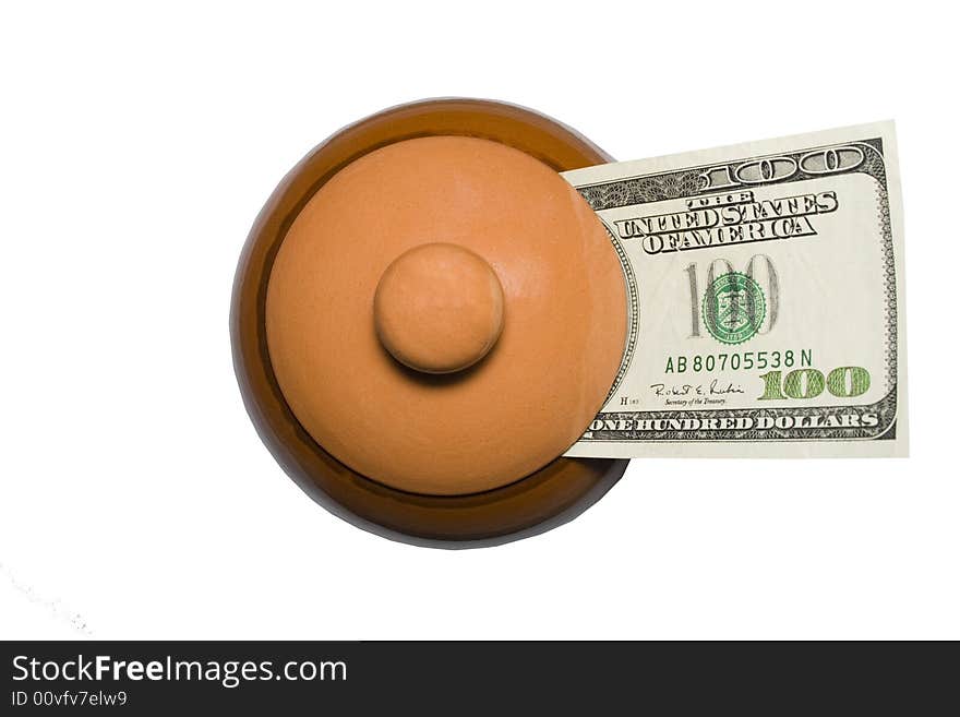 Composition from 100 dollar denominations and a clay pot. Composition from 100 dollar denominations and a clay pot.