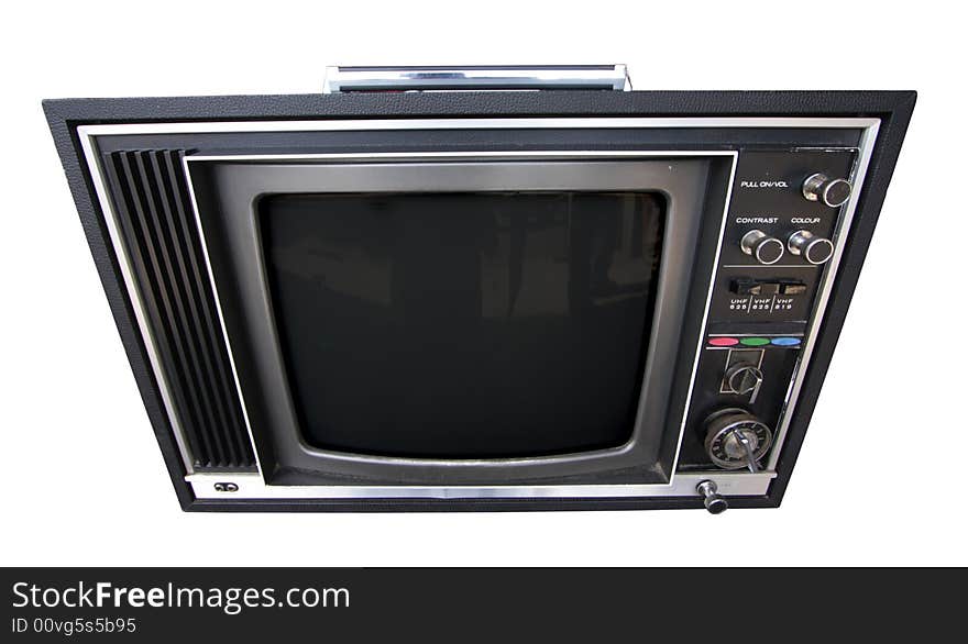 A wide angle shot of an old television. A wide angle shot of an old television