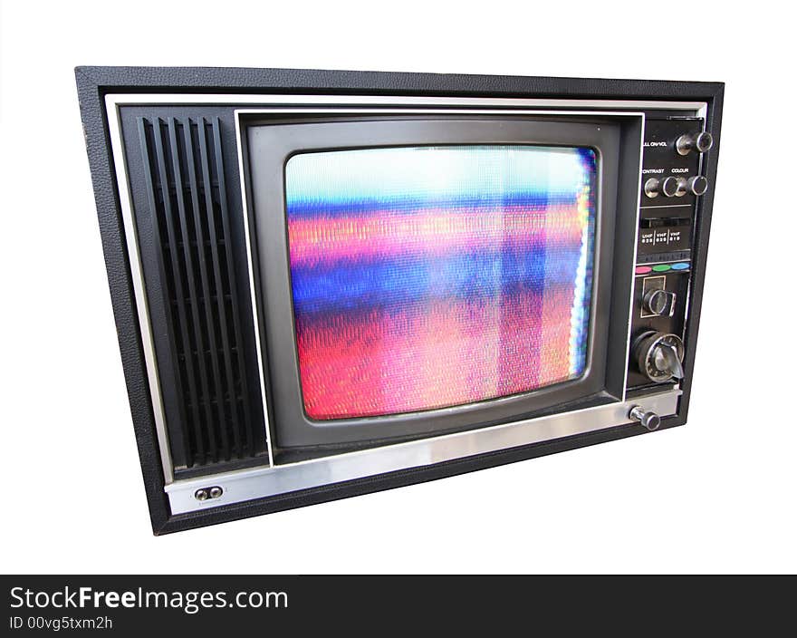 A wide angle shot of an old television. A wide angle shot of an old television