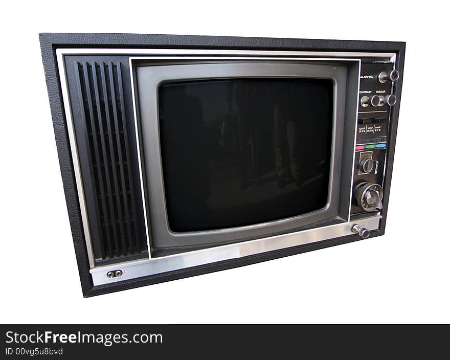 A wide angle shot of an old television. A wide angle shot of an old television