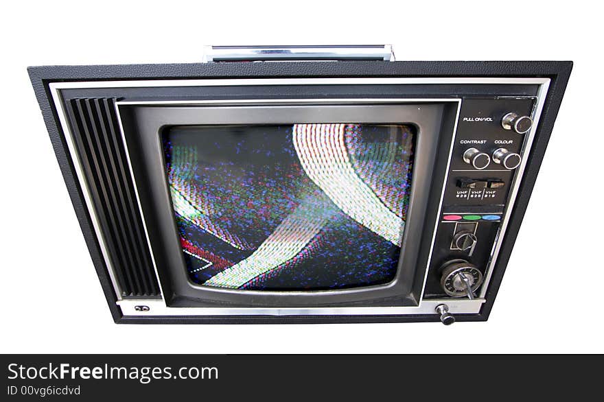 A wide angle shot of an old television. A wide angle shot of an old television