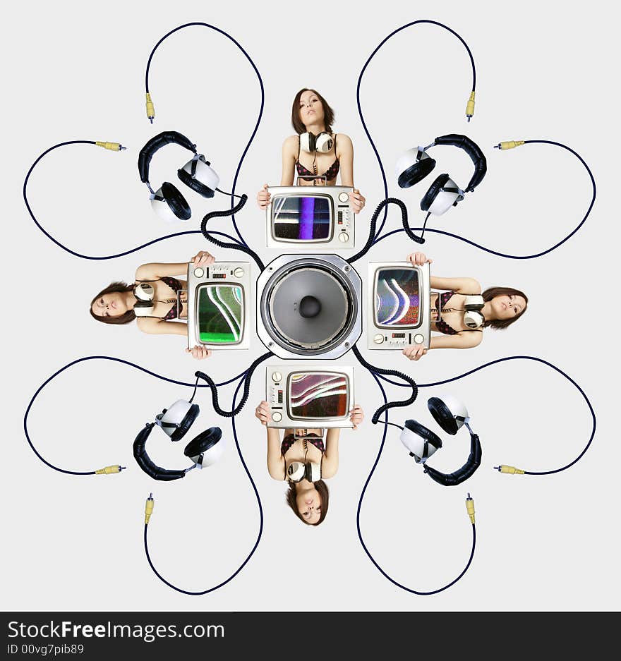 Abstract pattern of woman with televison and speaker. Abstract pattern of woman with televison and speaker